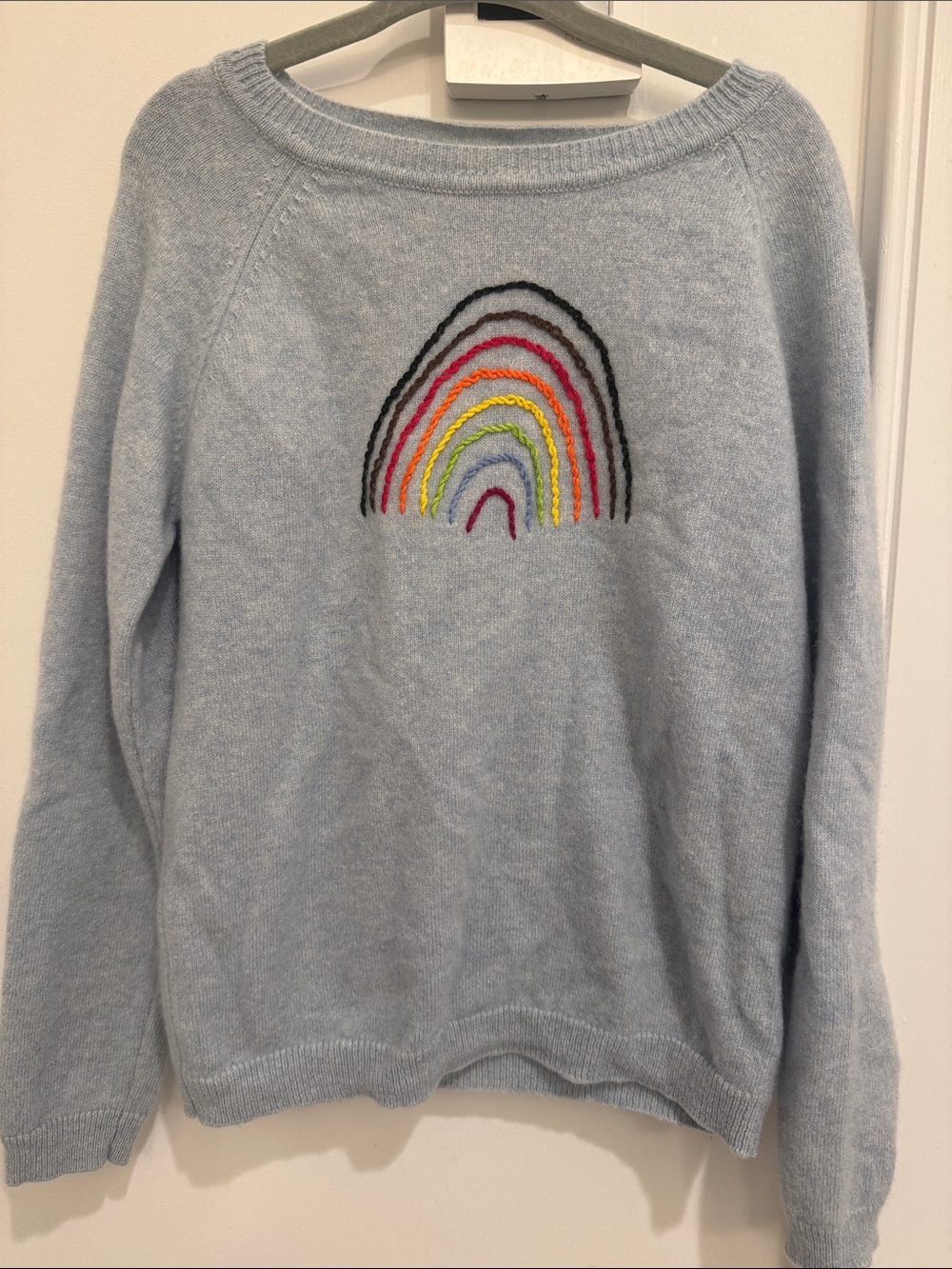 Light Blue Cashmere Crewneck Sweater with Rainbow Embroidery